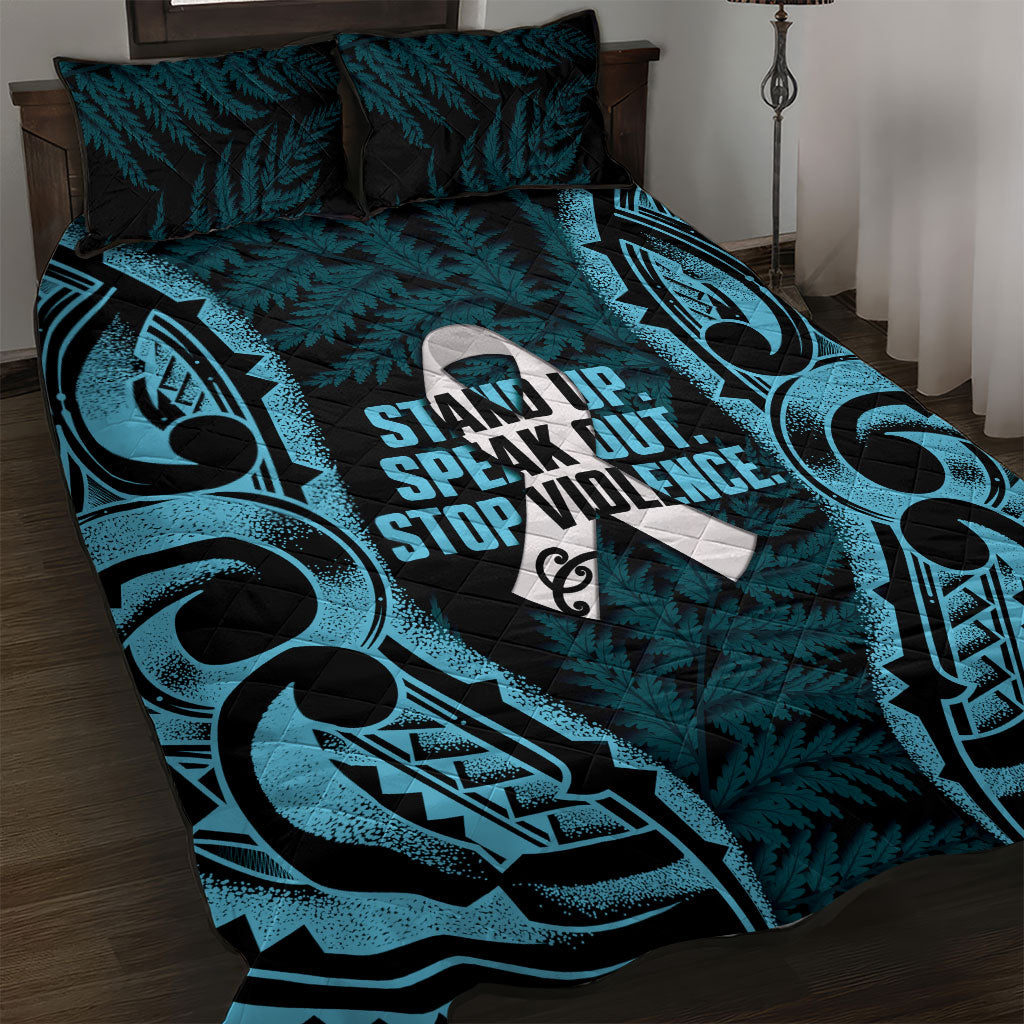 White Ribbon Day New Zealand Quilt Bed Set Respect Women Maori Pattern Blue