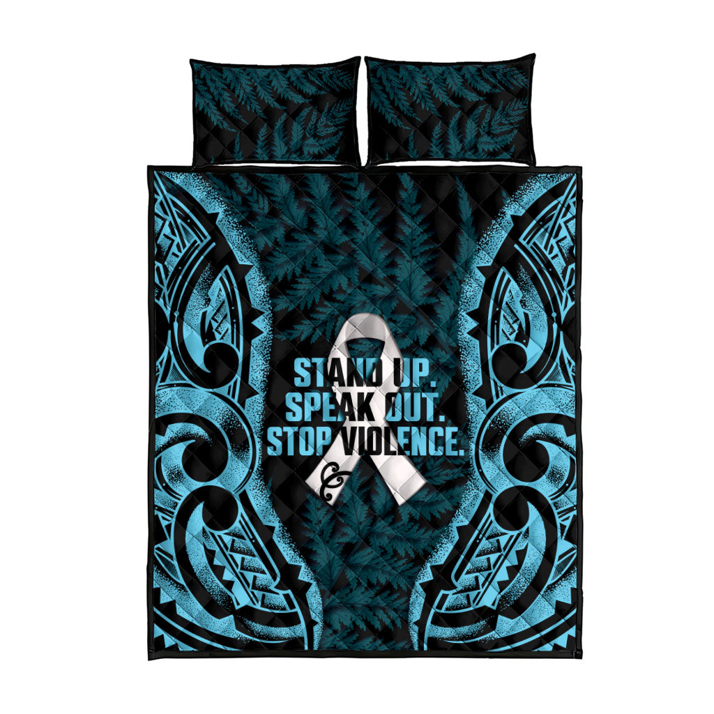 White Ribbon Day New Zealand Quilt Bed Set Respect Women Maori Pattern Blue