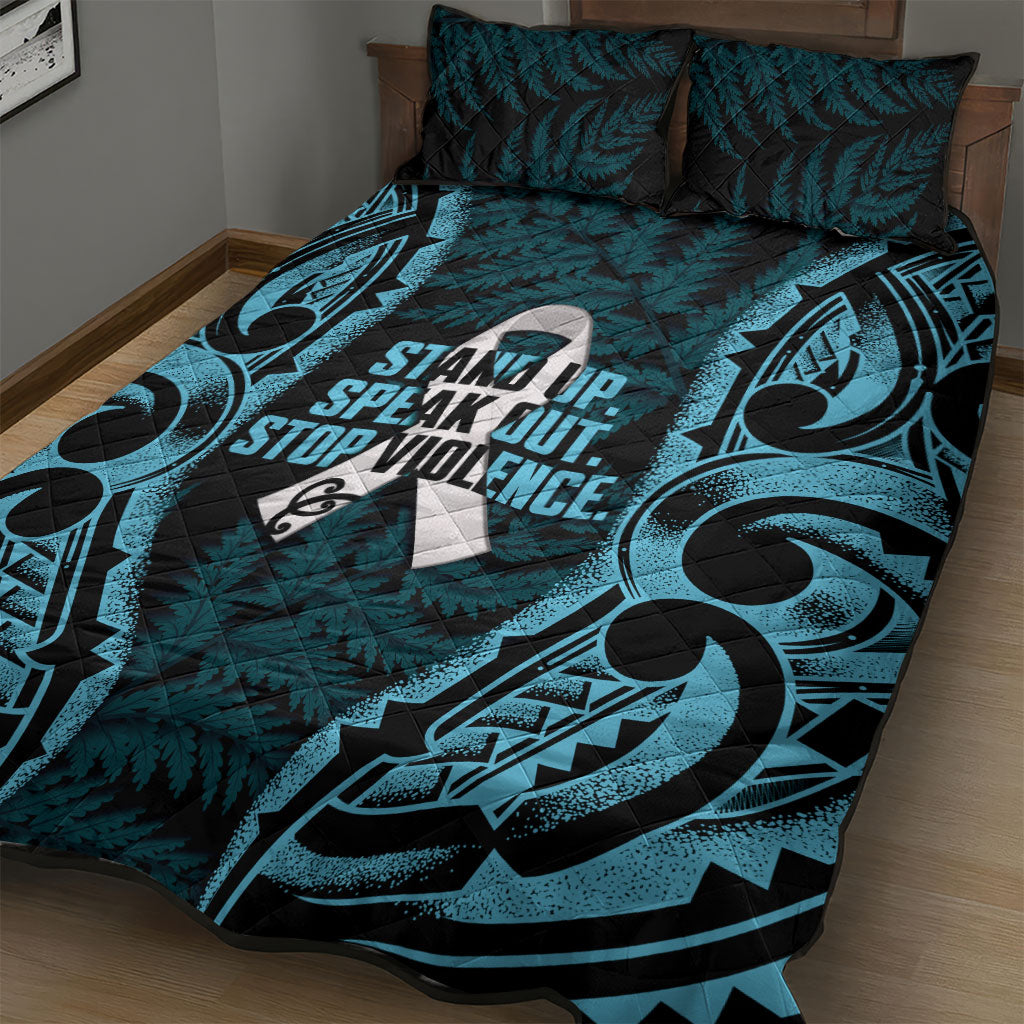 White Ribbon Day New Zealand Quilt Bed Set Respect Women Maori Pattern Blue
