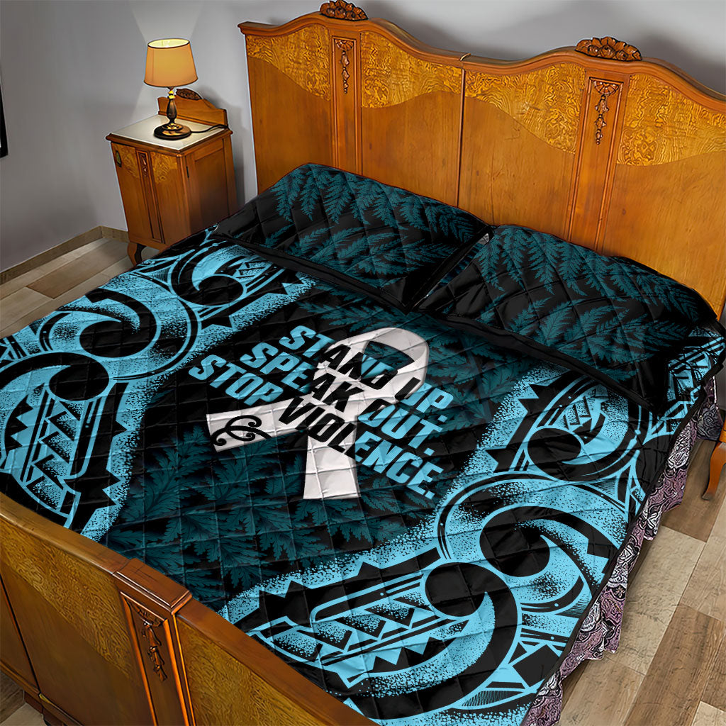 White Ribbon Day New Zealand Quilt Bed Set Respect Women Maori Pattern Blue