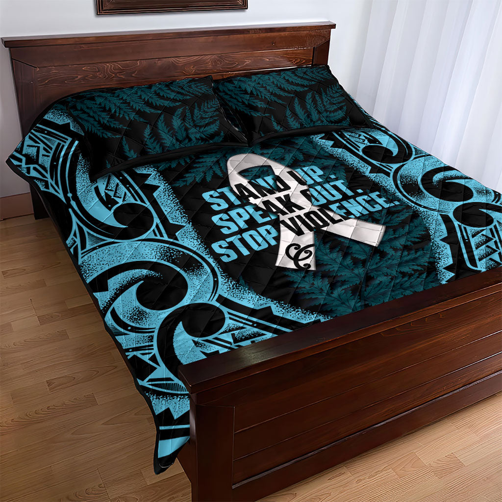 White Ribbon Day New Zealand Quilt Bed Set Respect Women Maori Pattern Blue