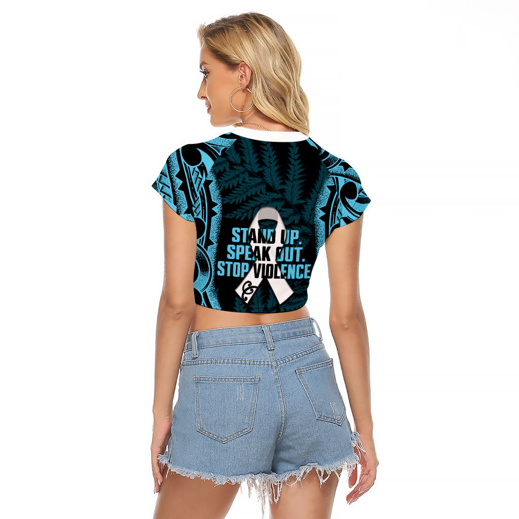 White Ribbon Day New Zealand Raglan Cropped T Shirt Respect Women Maori Pattern Blue