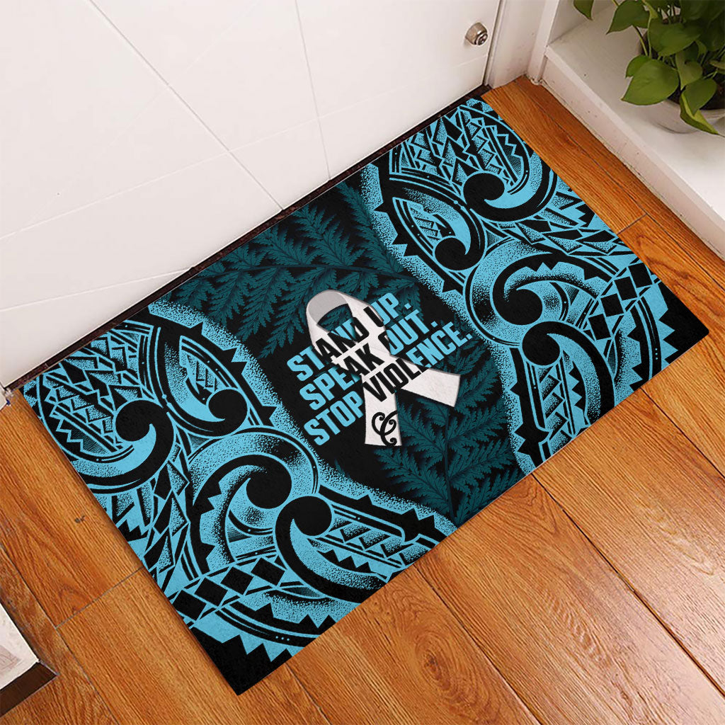 White Ribbon Day New Zealand Rubber Doormat Respect Women Maori Pattern Blue