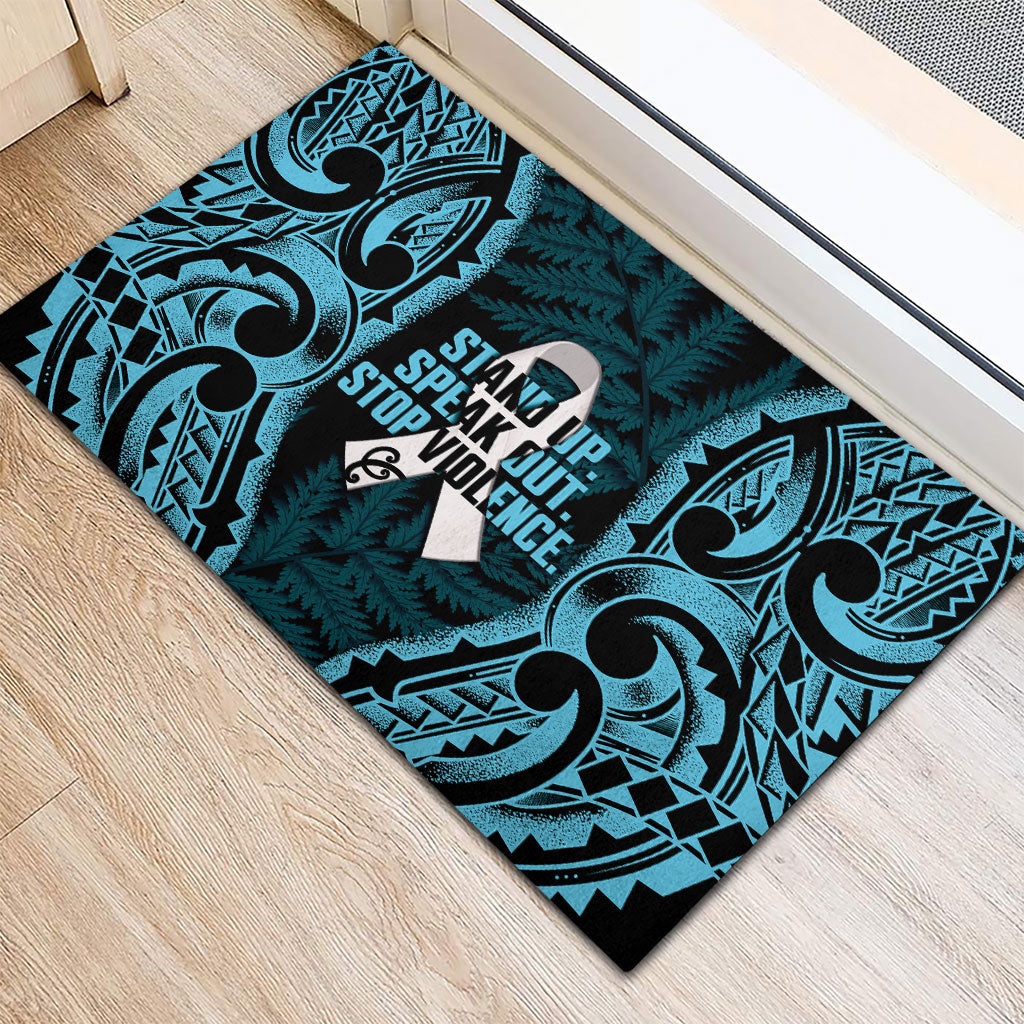 White Ribbon Day New Zealand Rubber Doormat Respect Women Maori Pattern Blue