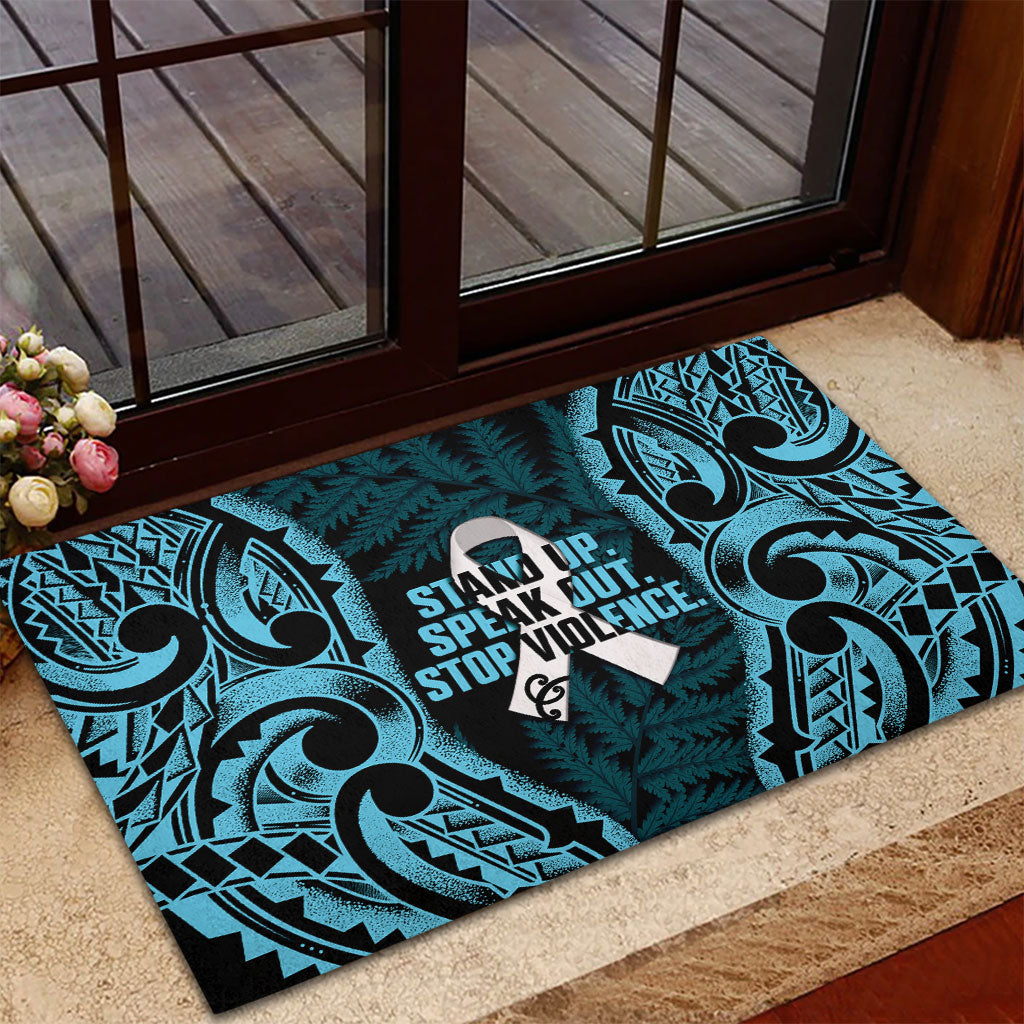 White Ribbon Day New Zealand Rubber Doormat Respect Women Maori Pattern Blue