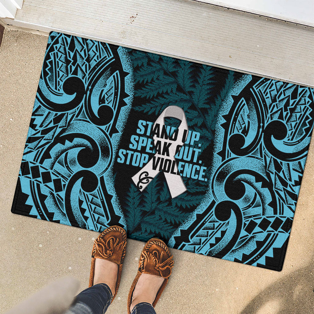 White Ribbon Day New Zealand Rubber Doormat Respect Women Maori Pattern Blue