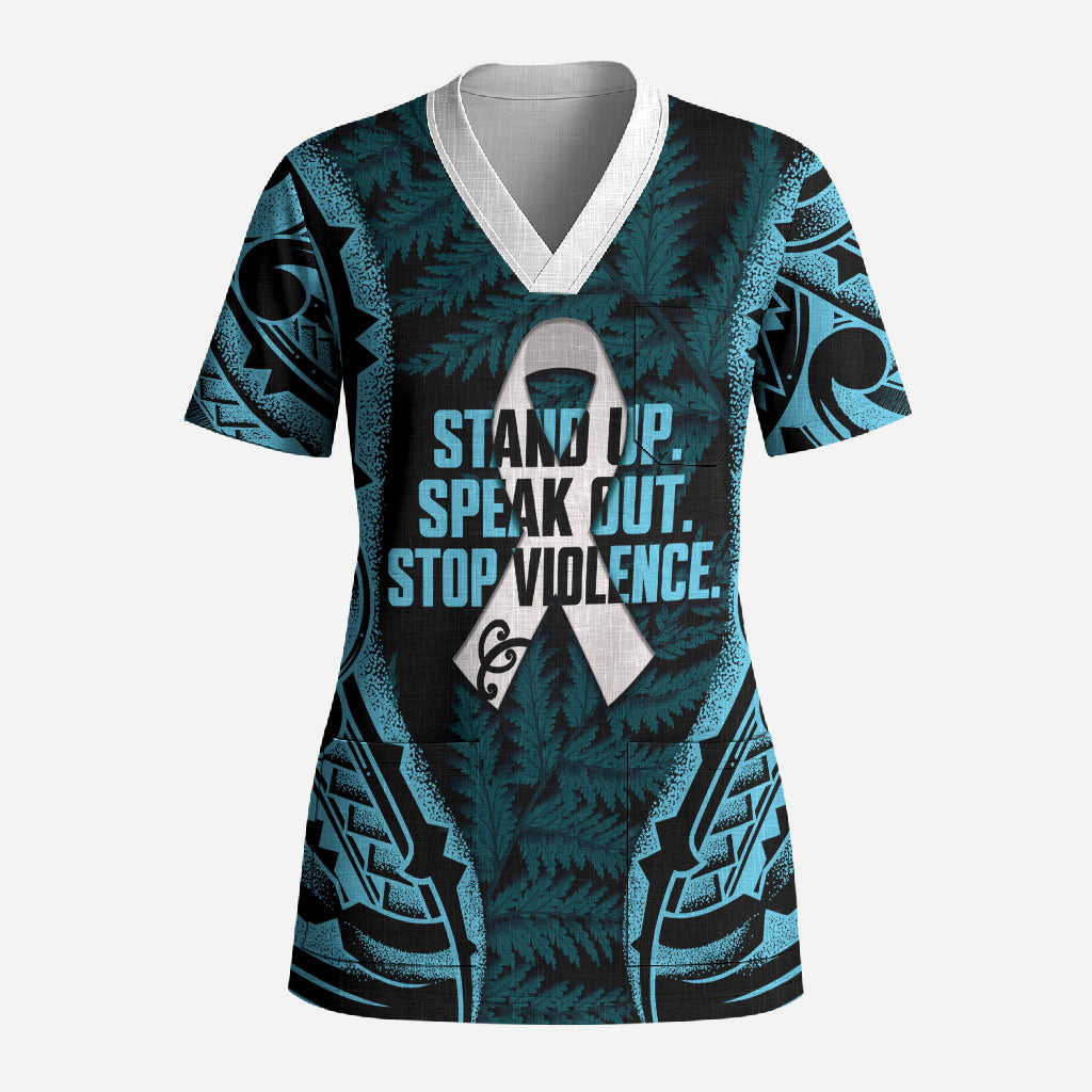 White Ribbon Day New Zealand Scrub Top Respect Women Maori Pattern Blue