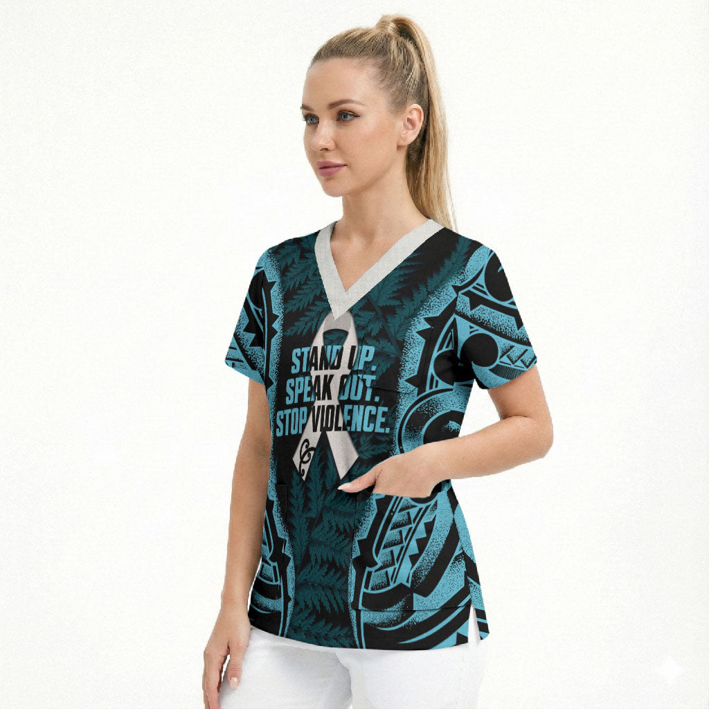 White Ribbon Day New Zealand Scrub Top Respect Women Maori Pattern Blue