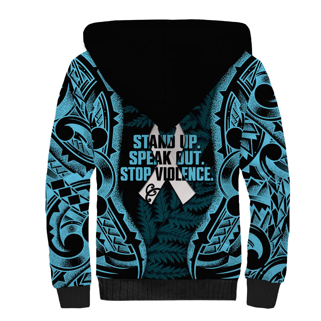 White Ribbon Day New Zealand Sherpa Hoodie Respect Women Maori Pattern Blue