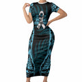 White Ribbon Day New Zealand Short Sleeve Bodycon Dress Respect Women Maori Pattern Blue