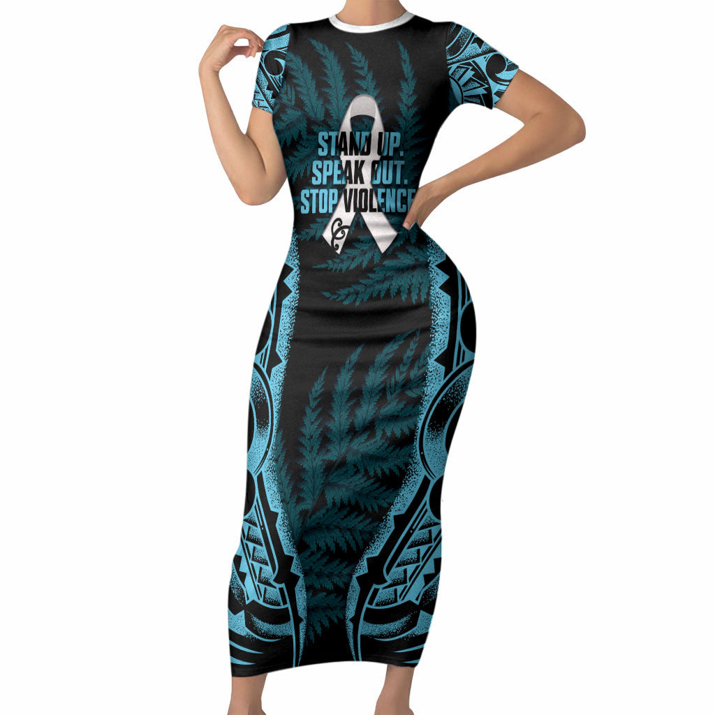 White Ribbon Day New Zealand Short Sleeve Bodycon Dress Respect Women Maori Pattern Blue