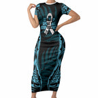White Ribbon Day New Zealand Short Sleeve Bodycon Dress Respect Women Maori Pattern Blue
