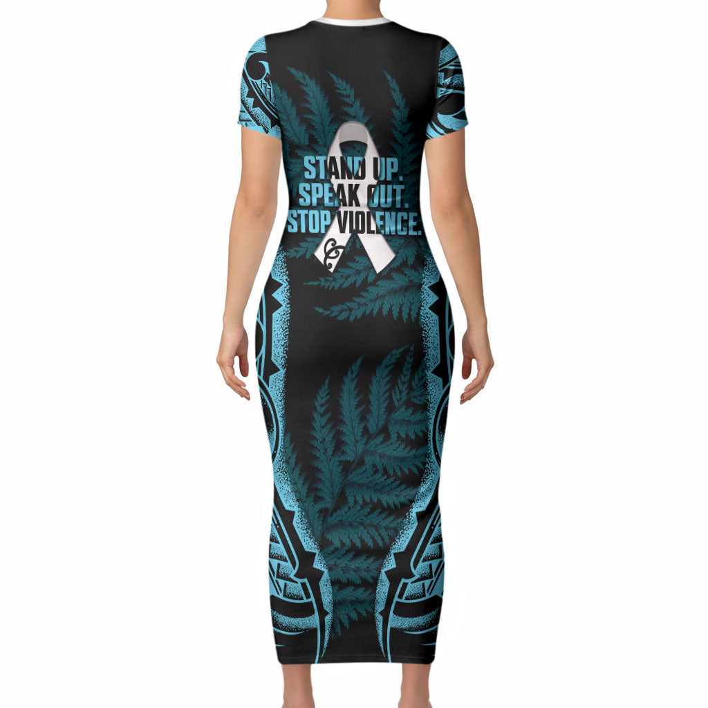 White Ribbon Day New Zealand Short Sleeve Bodycon Dress Respect Women Maori Pattern Blue