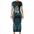 White Ribbon Day New Zealand Short Sleeve Bodycon Dress Respect Women Maori Pattern Blue