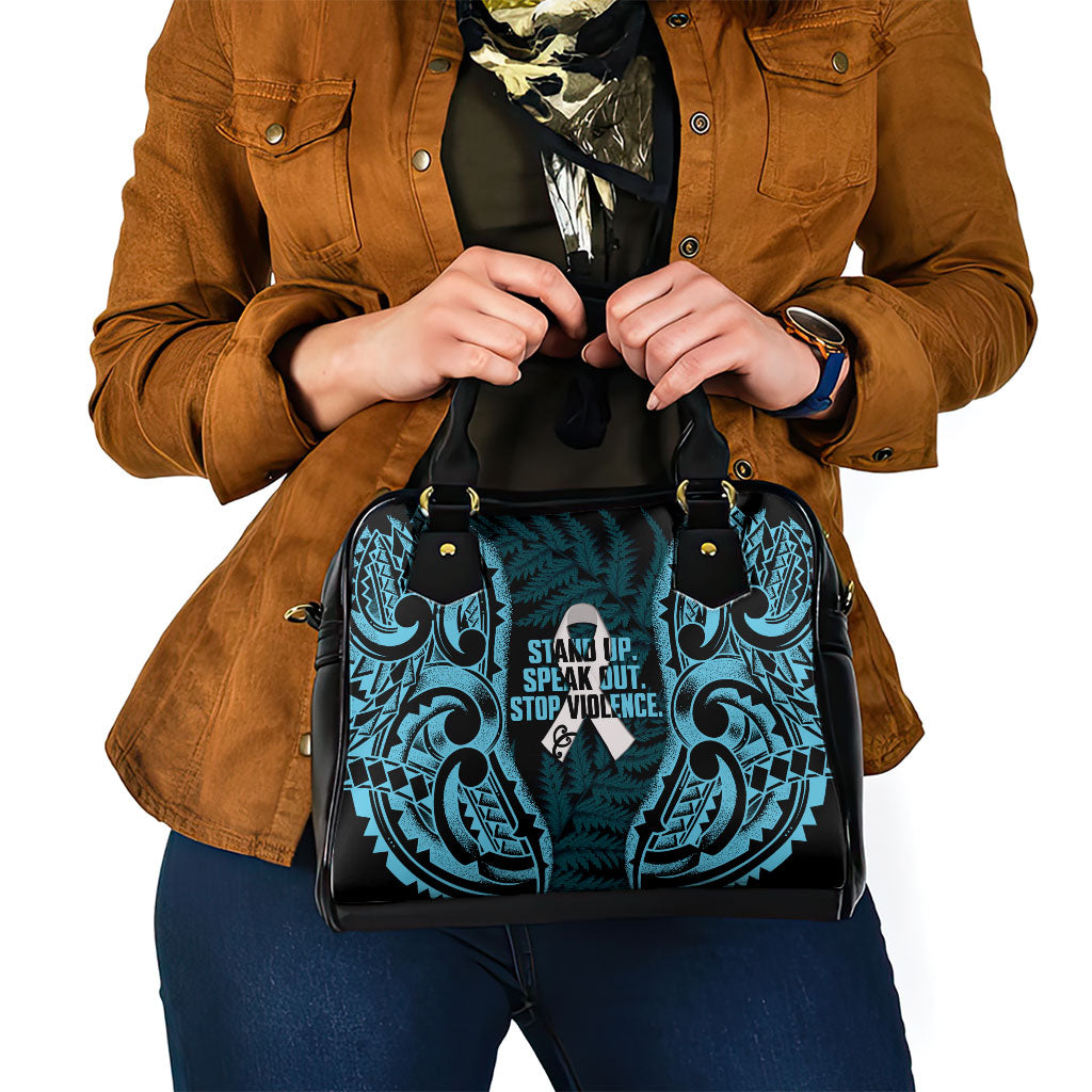 White Ribbon Day New Zealand Shoulder Handbag Respect Women Maori Pattern Blue