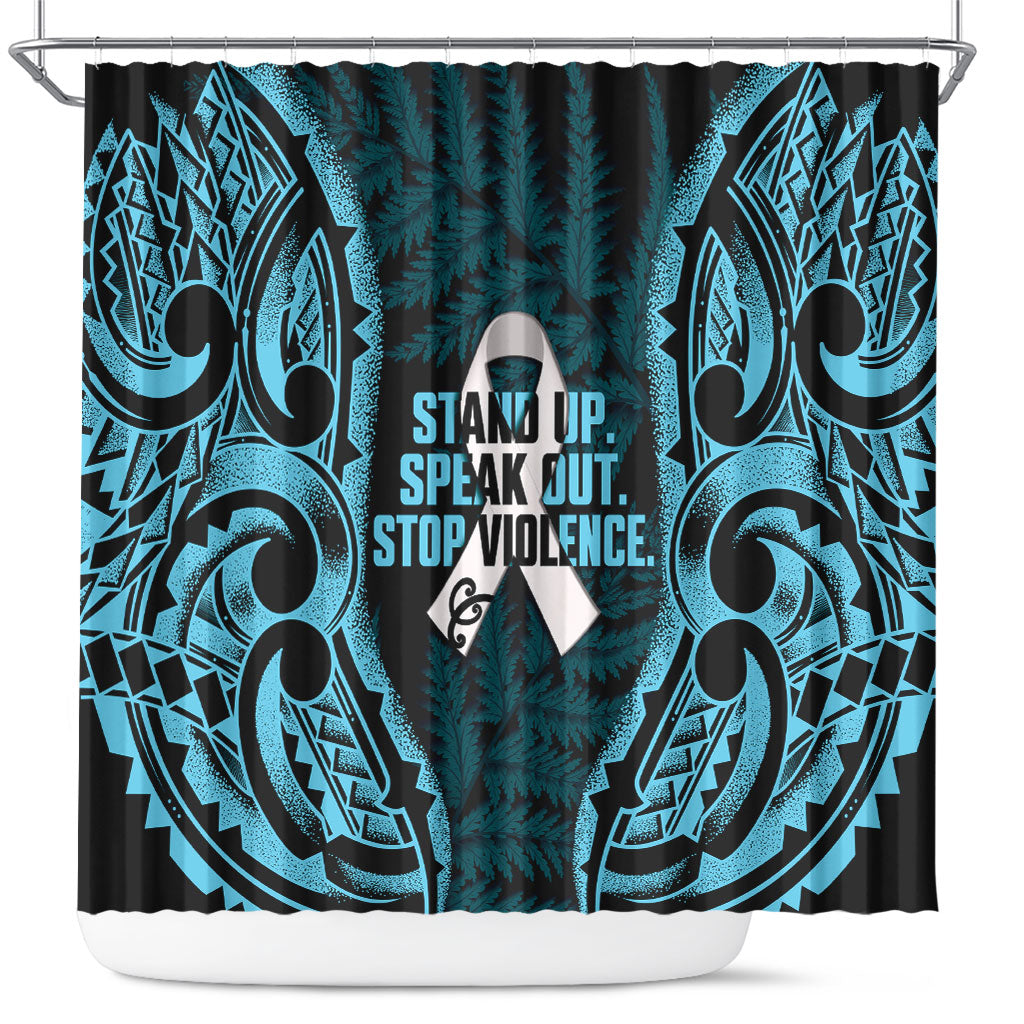 White Ribbon Day New Zealand Shower Curtain Respect Women Maori Pattern Blue