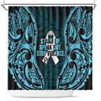 White Ribbon Day New Zealand Shower Curtain Respect Women Maori Pattern Blue