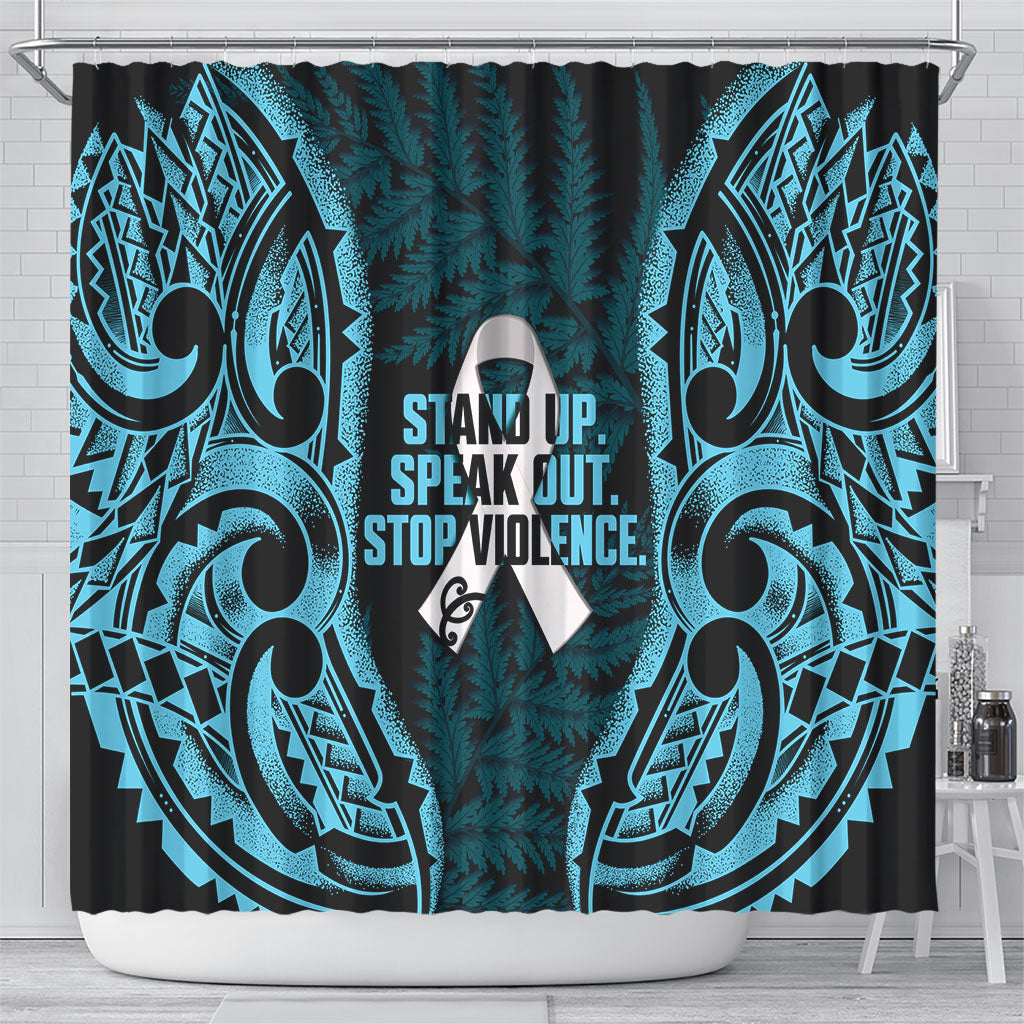 White Ribbon Day New Zealand Shower Curtain Respect Women Maori Pattern Blue