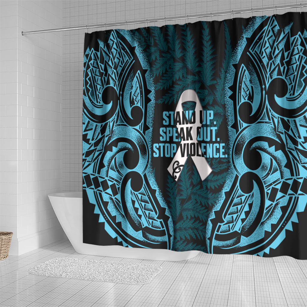 White Ribbon Day New Zealand Shower Curtain Respect Women Maori Pattern Blue