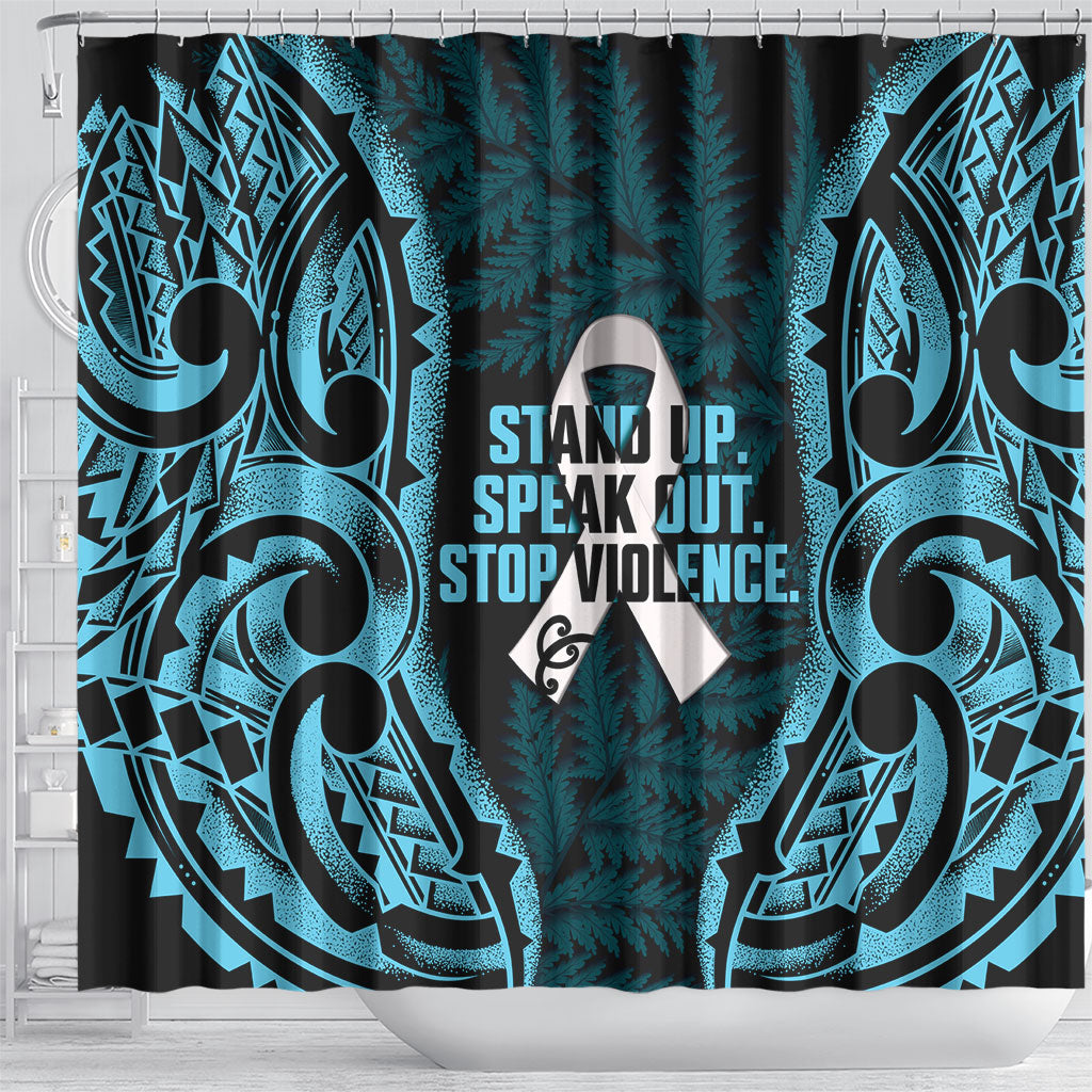 White Ribbon Day New Zealand Shower Curtain Respect Women Maori Pattern Blue