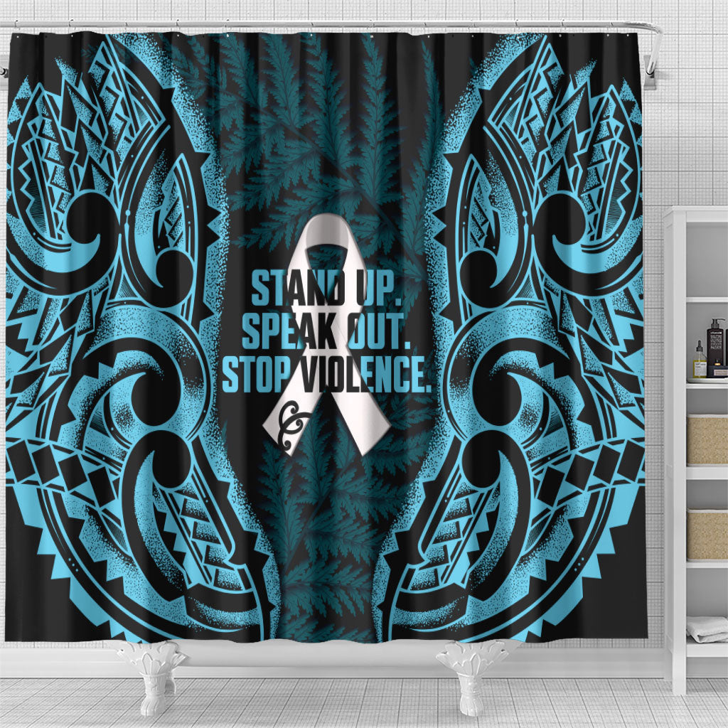 White Ribbon Day New Zealand Shower Curtain Respect Women Maori Pattern Blue