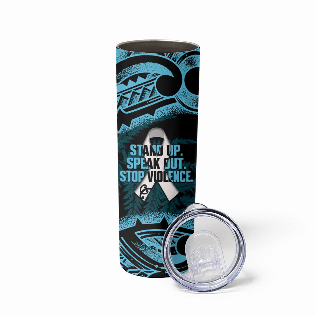 White Ribbon Day New Zealand Skinny Tumbler Respect Women Maori Pattern Blue