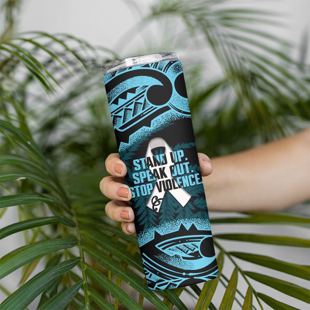 White Ribbon Day New Zealand Skinny Tumbler Respect Women Maori Pattern Blue
