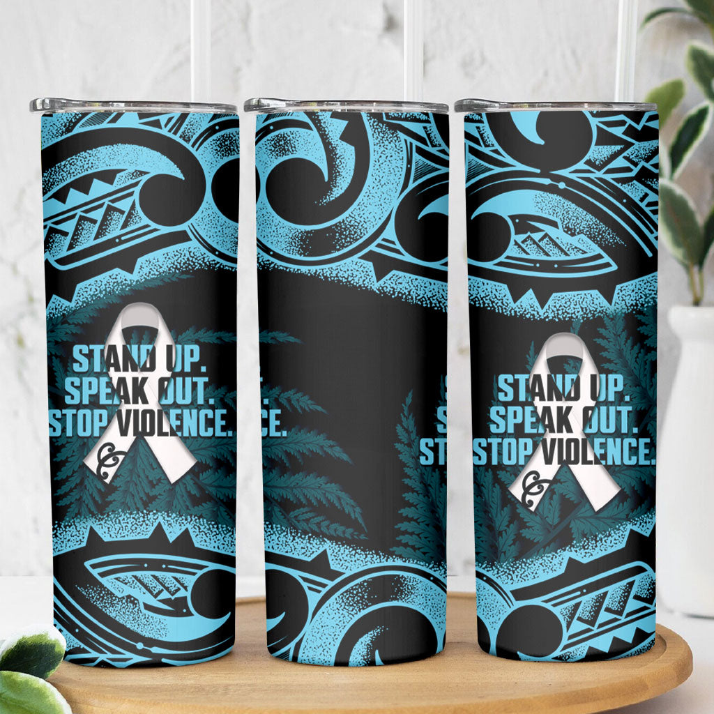 White Ribbon Day New Zealand Skinny Tumbler Respect Women Maori Pattern Blue