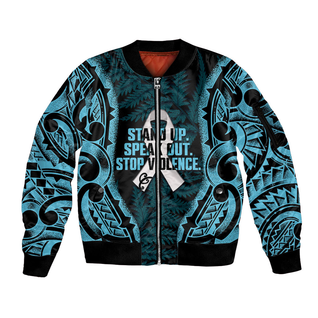 White Ribbon Day New Zealand Sleeve Zip Bomber Jacket Respect Women Maori Pattern Blue