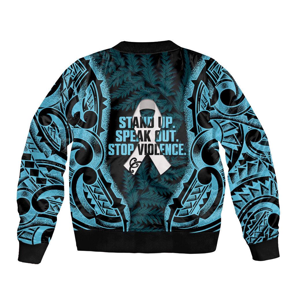 White Ribbon Day New Zealand Sleeve Zip Bomber Jacket Respect Women Maori Pattern Blue