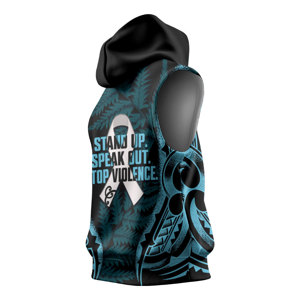 White Ribbon Day New Zealand Sleeveless Hoodie Respect Women Maori Pattern Blue