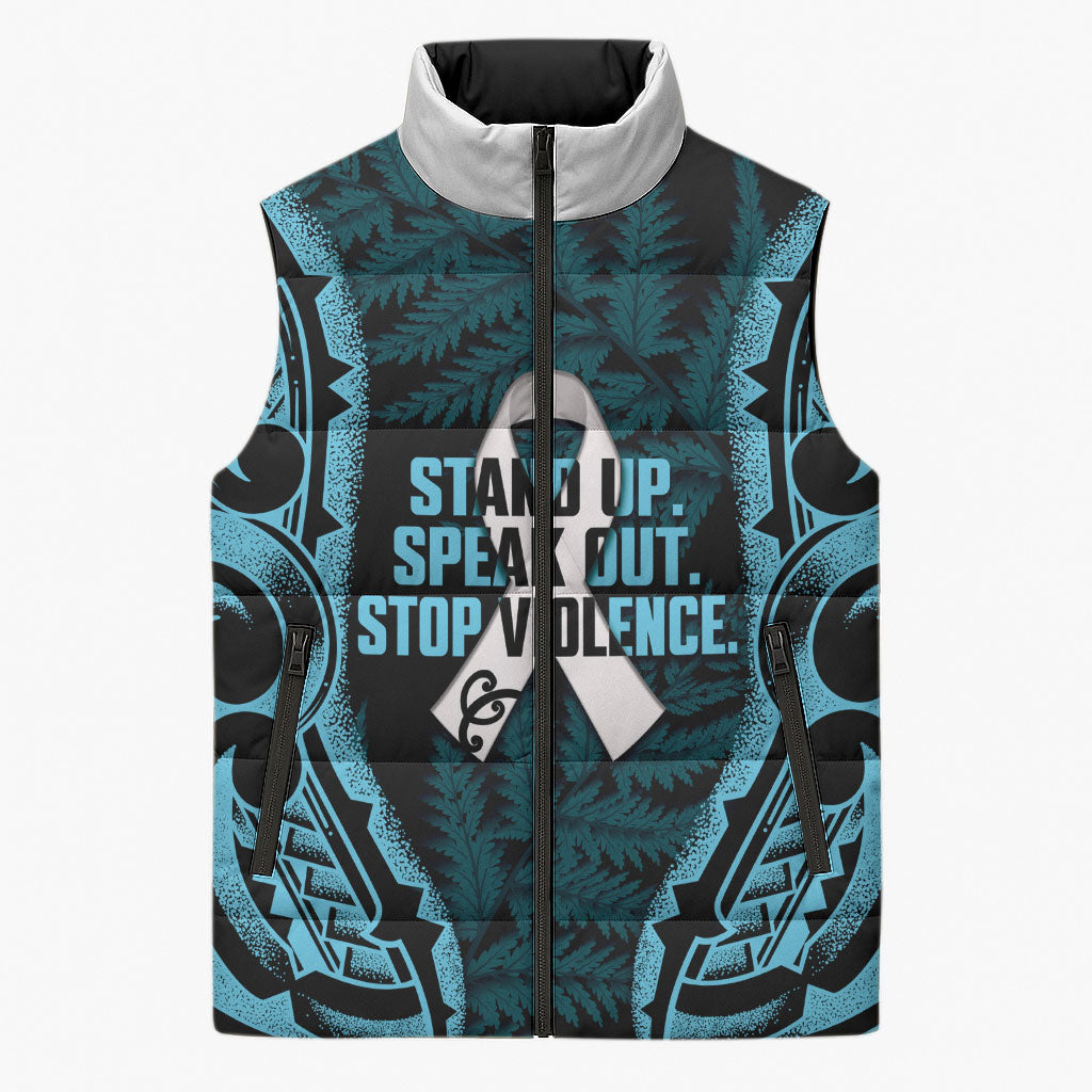 White Ribbon Day New Zealand Sleeveless Puffer Jacket Respect Women Maori Pattern Blue