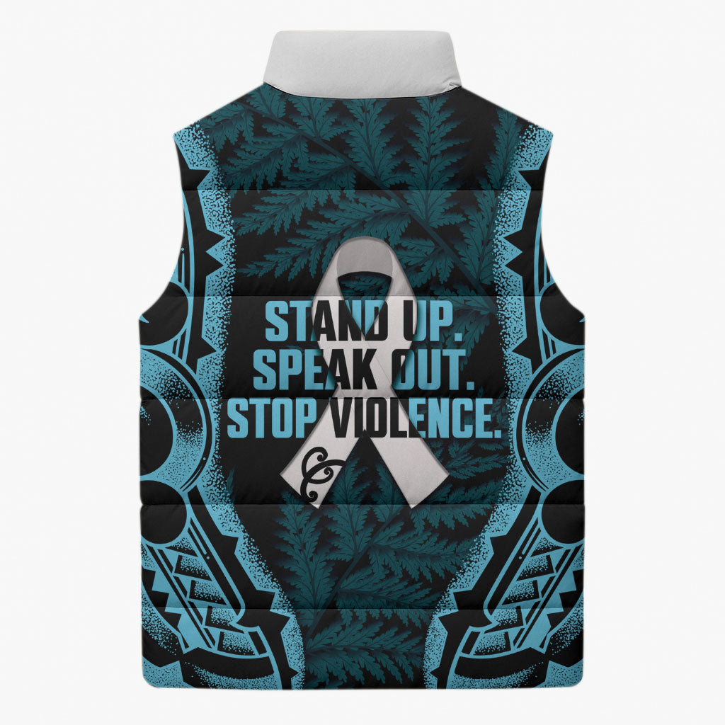 White Ribbon Day New Zealand Sleeveless Puffer Jacket Respect Women Maori Pattern Blue