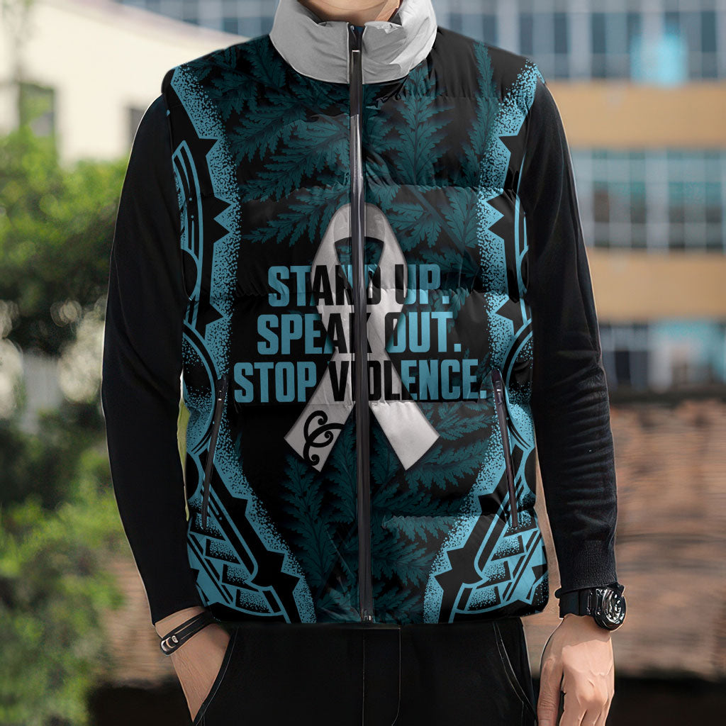 White Ribbon Day New Zealand Sleeveless Puffer Jacket Respect Women Maori Pattern Blue