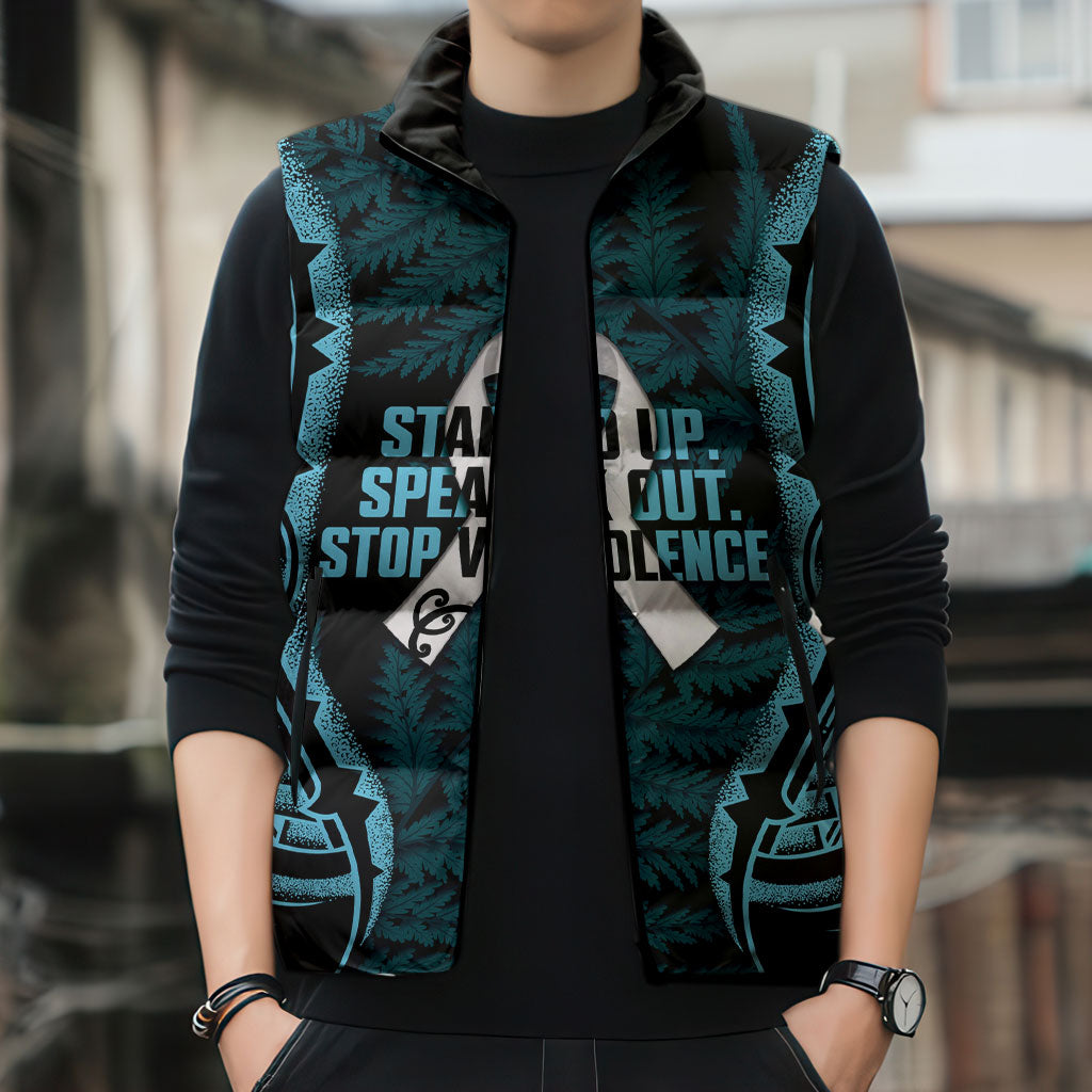 White Ribbon Day New Zealand Sleeveless Puffer Jacket Respect Women Maori Pattern Blue