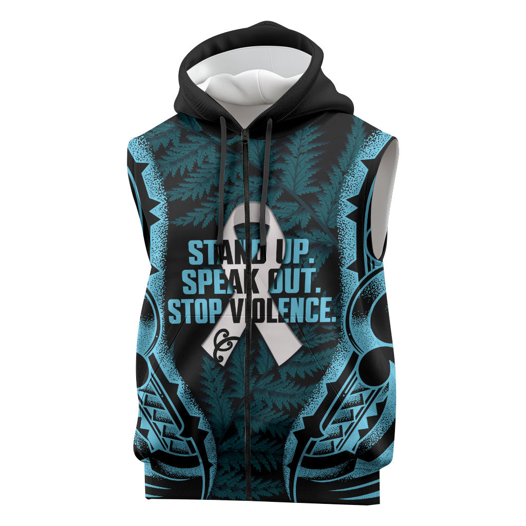 White Ribbon Day New Zealand Sleeveless Zip Hoodie Respect Women Maori Pattern Blue