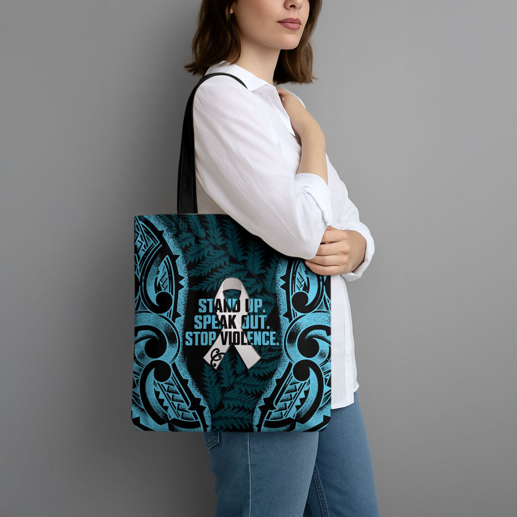 White Ribbon Day New Zealand Tote Bag Respect Women Maori Pattern Blue