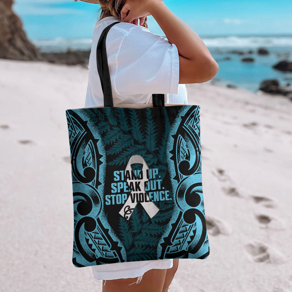 White Ribbon Day New Zealand Tote Bag Respect Women Maori Pattern Blue