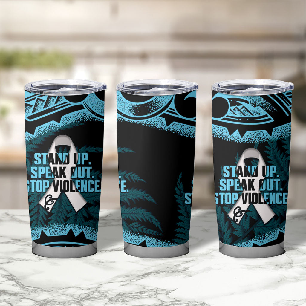 White Ribbon Day New Zealand Tumbler Cup Respect Women Maori Pattern Blue