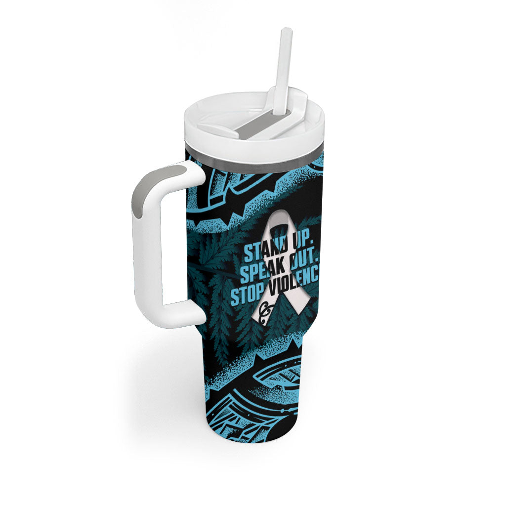 White Ribbon Day New Zealand Tumbler With Handle Respect Women Maori Pattern Blue