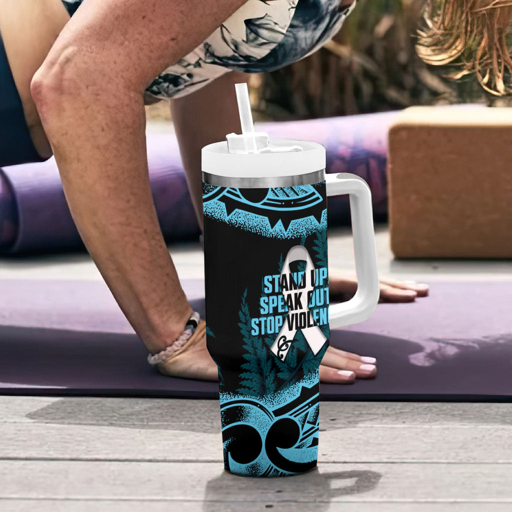 White Ribbon Day New Zealand Tumbler With Handle Respect Women Maori Pattern Blue