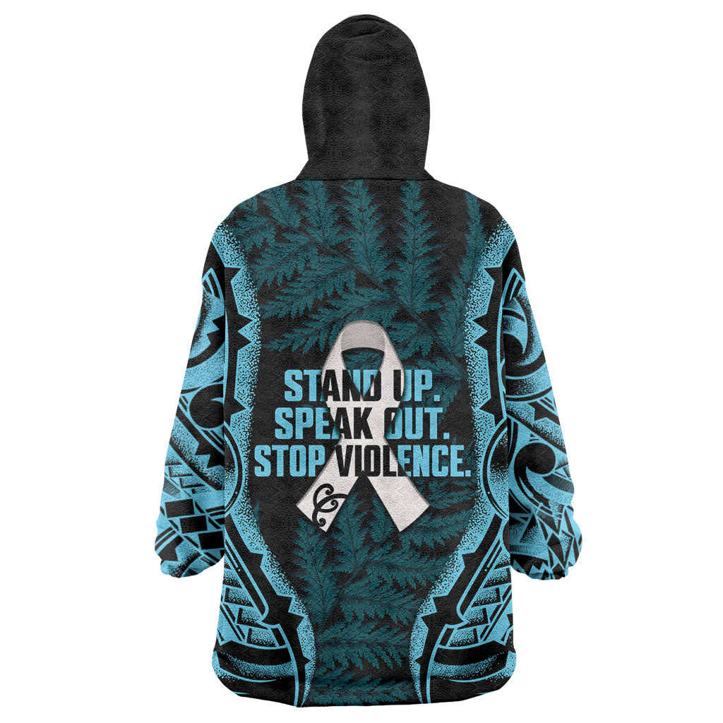 White Ribbon Day New Zealand Wearable Blanket Hoodie Respect Women Maori Pattern Blue