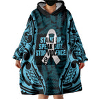 White Ribbon Day New Zealand Wearable Blanket Hoodie Respect Women Maori Pattern Blue