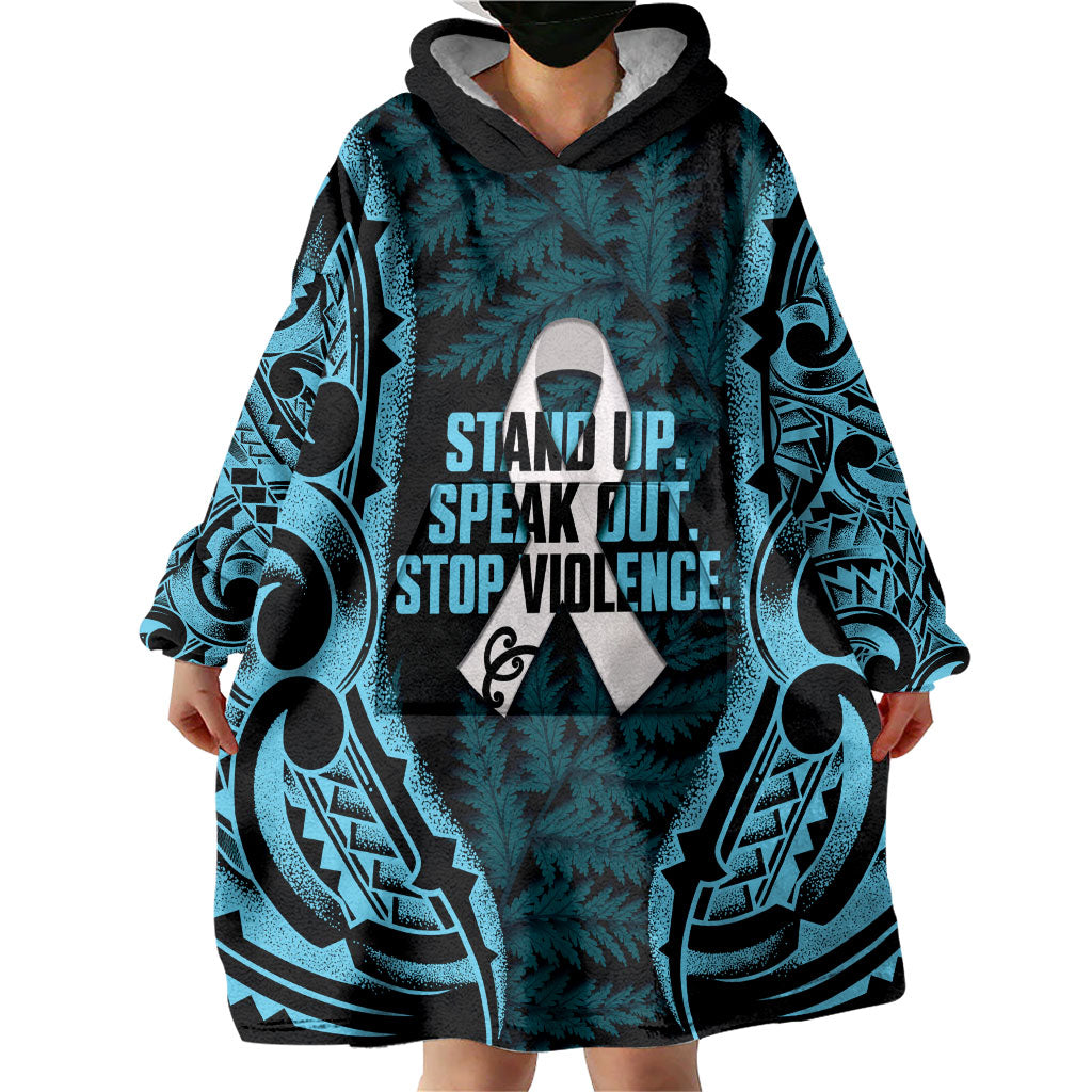 White Ribbon Day New Zealand Wearable Blanket Hoodie Respect Women Maori Pattern Blue