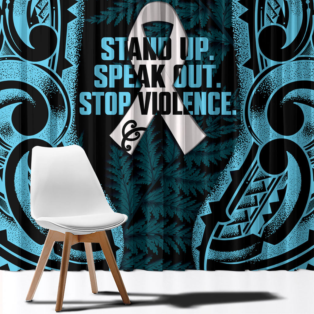 White Ribbon Day New Zealand Window Curtain Respect Women Maori Pattern Blue