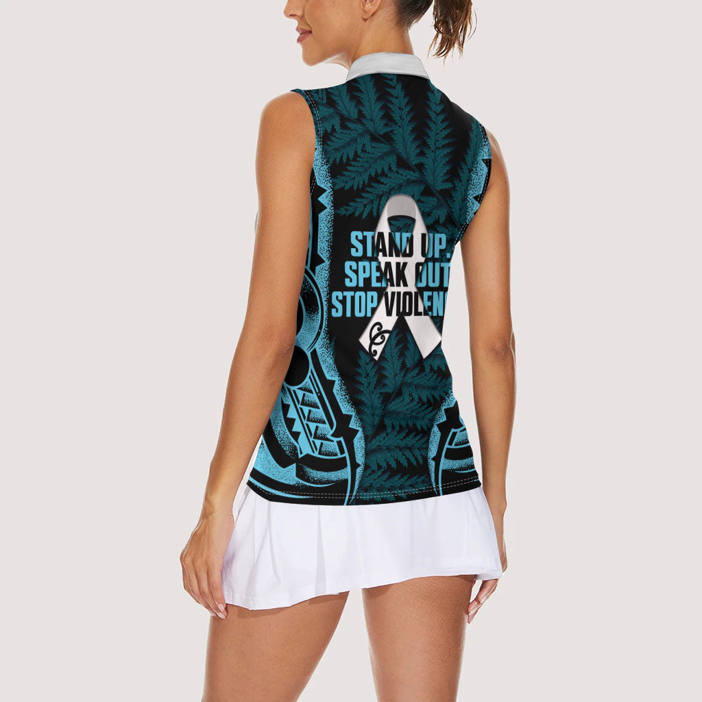 White Ribbon Day New Zealand Women Sleeveless Polo Shirt Respect Women Maori Pattern Blue