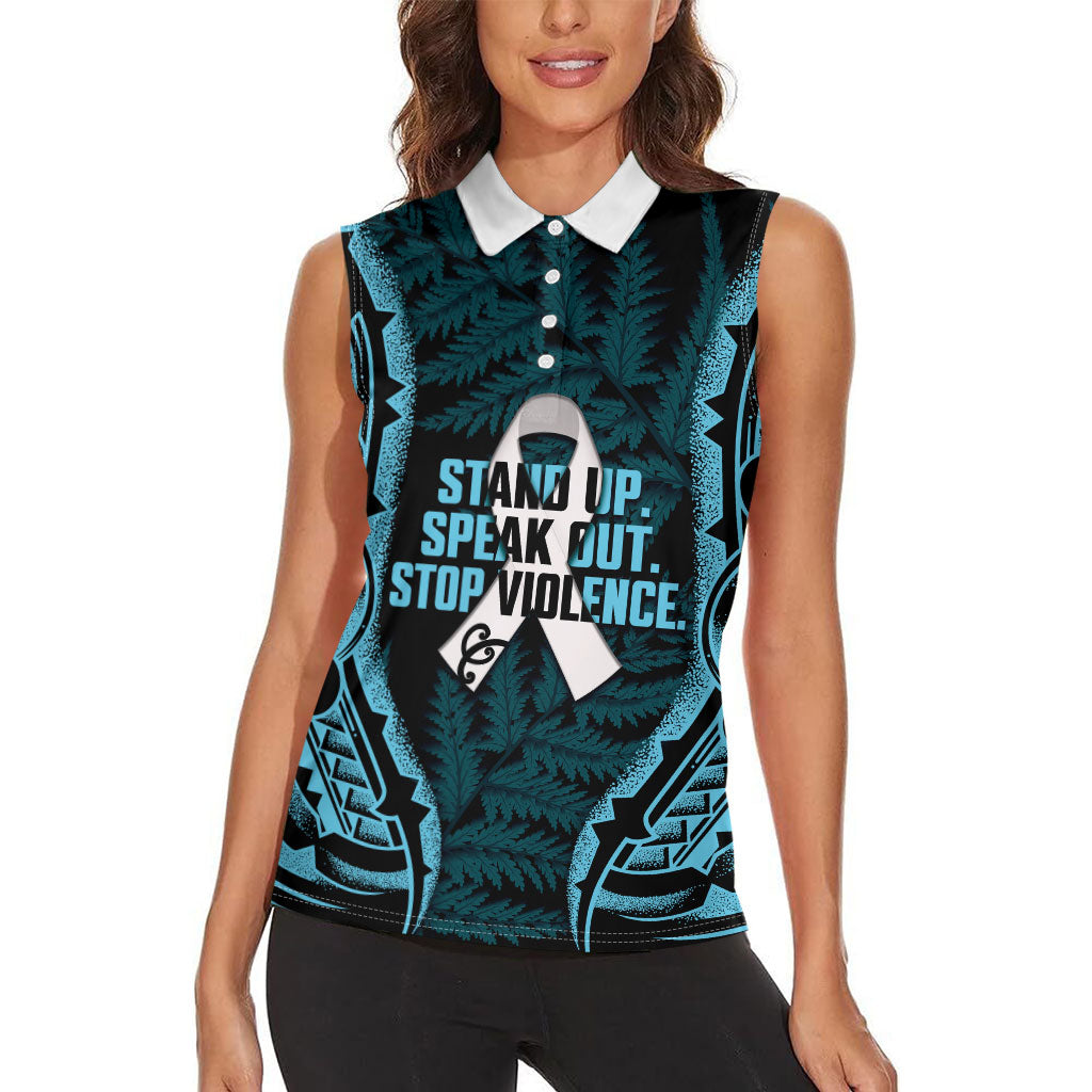 White Ribbon Day New Zealand Women Sleeveless Polo Shirt Respect Women Maori Pattern Blue