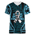White Ribbon Day New Zealand Women V-Neck T-Shirt Respect Women Maori Pattern Blue