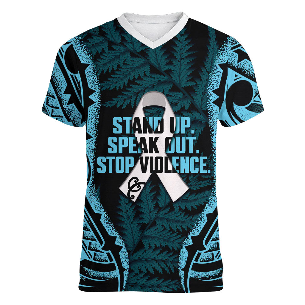 White Ribbon Day New Zealand Women V-Neck T-Shirt Respect Women Maori Pattern Blue