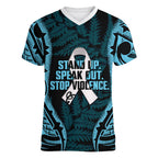 White Ribbon Day New Zealand Women V-Neck T-Shirt Respect Women Maori Pattern Blue